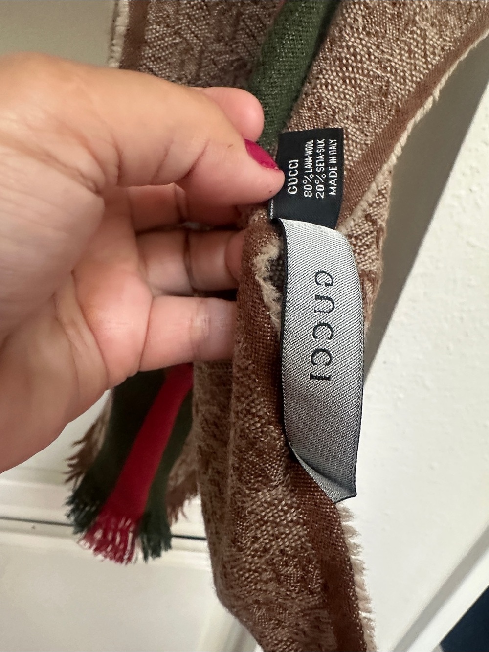 Gucci Brown Wool Scarf with Red & Green Accent Stripes